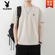 花花公子（PLAYBOY）男士重磅t恤男棉質(zhì)短袖男夏季美式體恤2025新款大碼男裝夏裝上衣 杏色高質(zhì)量 2XL