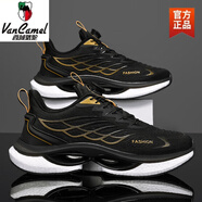 西域駱駝男鞋春季運動(dòng)鞋旋轉紐扣不用系免系鞋帶爆米花軟底超輕減震跑步鞋 黑金 網(wǎng)面款-駱駝官方品牌旗 38