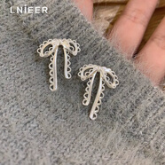 LnieerS925銀芭蕾風(fēng)蝴蝶結耳釘鏤空小眾設計絲帶耳環(huán)精致小巧甜美耳飾女 蕾絲蝴蝶結耳釘【S925銀】