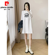 皮爾卡丹（pierre cardin）連衣裙加長(cháng)磨毛大·碼寬松休閑過(guò)膝針織連衣裙包臀打底純·棉白色 白色 衣長(cháng)90CM L 110-130斤