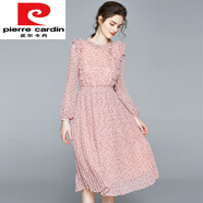 皮爾卡丹（pierre cardin）秋季甜美顯瘦收腰連衣裙長袖系帶減齡粉色長款雪紡百褶碎花連衣裙 粉色 XL