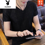 花花公子（PLAYBOY）夏季冰絲男士短袖T恤V領(lǐng)男裝2025新款鏤空雙層上衣韓版修身潮體恤 M20款黑色 冰絲T恤 L 建議95-115斤