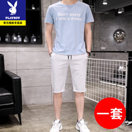 花花公子休閑套裝男士夏季簡(jiǎn)約青年學(xué)生運動(dòng)短袖T恤7分褲兩件套潮流男裝 T127藍色+灰色褲 M 85-105斤