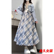谷艦沐甜美溫柔學(xué)院短款氣質(zhì)藍色外套女2025春季假兩件格紋連衣裙兩件套 兩件套格紋連衣裙+藍色外套 S
