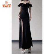 乖甜星驚艷別致成人禮服長(zhǎng)裙荷葉邊一字肩抹胸連衣裙名媛宴會(huì)氣質(zhì)魚(yú)尾裙 黑色長(zhǎng)裙 M
