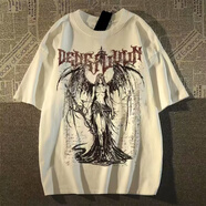 地潮男歐美高街hiphop亞文化復古女神印花短袖t恤男夏季潮牌痞帥上衣服 白色 常規 M 建議90-110斤