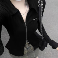 妙奕嘉打底衫女洋氣春秋黑色長袖t恤女針織衫緊身修身純欲上衣辣妹外穿 黑色雙拉鏈修身上衣 M 【建議90-105斤】