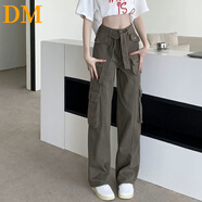 DALEY MODE美式復(fù)古工裝褲女高街休閑學(xué)生褲子高腰寬松直筒闊腿顯瘦褲子 GK02 軍綠色 L