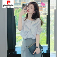 皮爾卡丹（pierre cardin）法式條紋泡泡短袖職業(yè)襯衫女夏款襯衣感不規則荷葉邊雪紡上衣 圖片色【專(zhuān)柜品質(zhì) 關(guān)注店鋪優(yōu)先 XXS 白色抹胸非圖