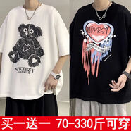 鑫羅圣保短袖t恤男女士夏季新款港風(fēng)加肥加大碼百搭ins學(xué)生五分袖上衣服潮 146白色+147黑色 (兩件裝) 2XL 建議130-150斤