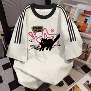 菲尼東爵重磅短袖t恤女卡通印花體恤夏季美式復古寬松情侶上衣 白灰色 半杠 L