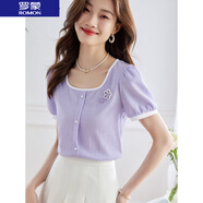 羅蒙（ROMON）冰絲T恤女2024年夏季新款女裝撞色U型領(lǐng)設(shè)計感釘珠泡泡袖減齡上衣 紫羅蘭 L