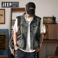 JEEP SPIRIT吉普秋季牛仔外套馬甲男士美式復古馬夾坎肩無(wú)袖背心工裝潮流百搭 復古藍色 后皮標牛仔馬甲 M 體重100-120斤