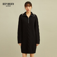 深呼吸DEEP BREATH女裝拼色翻領中長款純羊毛粗棒針織連衣裙A500172 黑 L (4碼)