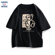 GENIOLAMODEt恤男夏季純棉寬松休閑簡約圓領印花青年百搭短袖男裝 黑色 L