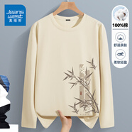 真維斯（Jeanswest）長(zhǎng)袖t恤男2025春季上衣新中式國(guó)潮寬松純棉內(nèi)搭打底衫加大碼體恤 淺米色(大復(fù)古竹左下標(biāo)) L (175) (收藏加購(gòu)優(yōu)先發(fā))