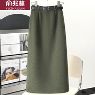 俞兆林毛呢裙半身裙秋冬女職業(yè)裙子中長(zhǎng)款開(kāi)叉包臀裙一步裙高腰a字長(zhǎng)裙 軍綠色 L