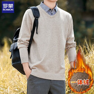 羅蒙假兩件針織衫男士春秋長(cháng)袖保暖加絨內搭拼接襯衫領(lǐng)毛線(xiàn)衣v領(lǐng)男款 卡其色V領(lǐng)一體絨 M (90-110斤)