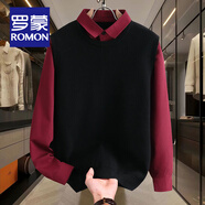 羅蒙（ROMON）假兩件毛衣男秋冬季襯衫領(lǐng)針織打底衫男韓版修身厚款保暖冬裝上衣 黑紅拼 XL