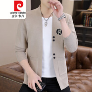 皮爾卡丹（pierre cardin）早秋季針織開(kāi)衫男士潮流簡(jiǎn)約刺繡百搭毛衣外套春秋休閑帥氣毛線衣 6818卡其色 L 170