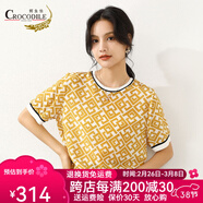 鱷魚恤夏季新款100%桑蠶絲真絲短袖T恤女圓領印花小衫時尚小眾上衣女 黃色 M