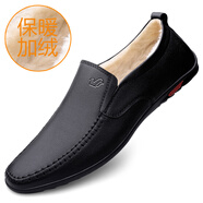 富貴鳥(niǎo)休閑皮鞋男冬季加絨保暖棉鞋子男士真皮軟面軟底一腳蹬高檔豆豆鞋 黑色加絨 富貴鳥(niǎo)8號倉82281 37  標準皮鞋碼