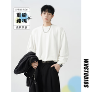 OEMG 長袖t恤男春秋季圓領(lǐng)重磅純棉打底衫寬松上衣休閑內(nèi)搭情侶體恤衫 白色 L [建議105-120斤]