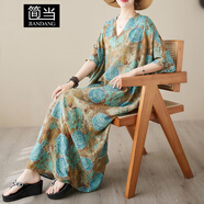 簡(jiǎn)當(dāng)（JIANDANG）大碼女裝夏V領(lǐng)薄款寬松文藝度假風(fēng)沙灘裙復(fù)古遮肉長(zhǎng)款連衣裙5847 天藍(lán)色 大碼均碼【120-190斤】