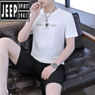 吉普（JEEP）高端休閑運(yùn)動(dòng)套裝男士夏季冰絲短袖T短褲搭配一套透氣涼感兩件套 【冰絲套裝】盾牌獅白色 M (80-110斤)