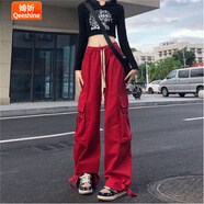 婍妡美式復古春夏工裝褲女高腰直筒闊腿飄帶寬松休閑拖地長褲潮 酒紅色 1194 L 建議110-120斤左右