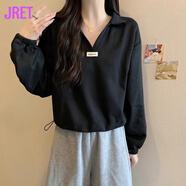 Jret2025夏季新款胖mm大碼寬松正肩短袖t恤女遮肚子顯瘦V領(lǐng)半袖上衣女 黑色長(cháng)袖 XL (建議120-140斤)