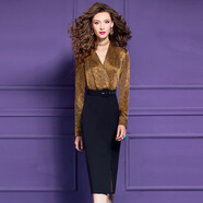 菲夢(mèng)伊假兩件連衣裙女春裝新款高端優(yōu)雅輕熟氣質(zhì)修身職業(yè)開(kāi)叉裙子 姜黃色 L