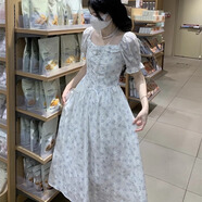 景怡依少女學(xué)生法式碎花長(cháng)裙2026夏季甜美初戀收腰顯瘦初戀公主裙連衣裙 淺藍色 S