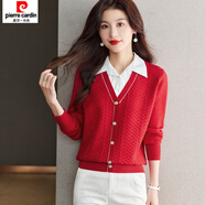 皮爾卡丹（pierre cardin）新款假兩件針織上衣女拼接襯衫領(lǐng)時(shí)尚洋氣百搭套頭女式毛衣打底衫 紅色 M 建議90-105斤