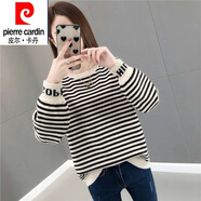 皮爾卡丹（pierre cardin）半高領(lǐng)條紋針織打底衫女早秋23新款內(nèi)搭薄款毛衣長袖蕾絲邊上衣 927-米色 XL 【建議120-130斤】