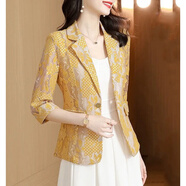 皮爾卡丹2025年女裝大碼七分袖蕾絲小西裝外套女高端歐貨花色薄款西服 黃色 M 80-95斤
