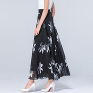 索宛亦花朵夏季新款花色半身長(cháng)裙女士高腰印花A字裙大擺大碼舞長(cháng)裙顯瘦 黑底百合 M 90/100斤