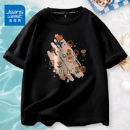 真維斯（JEANSWEST）純棉短袖女夏季2025新款設(shè)計(jì)感小眾草莓熊寬松印花t恤女裝半袖衫 黑色 郁金香畫(huà)卷橘_B_前正中 L