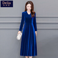 矜持范金絨連衣裙女春秋長(cháng)款新款流行長(cháng)袖洋氣裙子遮肚子 寶藍色 L 建議100-115斤