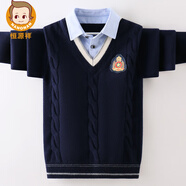 恒源祥純羊毛男童學(xué)院風(fēng)假兩件襯衫棉領(lǐng)針織衫加厚保暖男款秋冬款打底衫 藏青 120