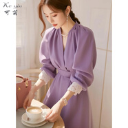 可茵（Keyin）連衣裙女2025年春秋新款度假法式漂亮獨特超火紫色拼接蕾絲邊裙子 紫色 L