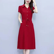 全鶯月2025夏季新款連衣裙媽媽裝大碼時(shí)尚中老年女裝有口袋A字裙子 (V)881#紅色 XL 【建議115-125斤】