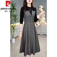 皮爾卡丹（pierre cardin）氣質(zhì)長袖假兩件連衣裙女2025新款秋季媽l媽顯瘦春秋加厚長裙子針 灰色【中年/洋氣/高貴/減齡/貴夫 建議85-100斤 M
