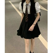 月袖大碼日系軟妹黑色背帶連衣裙女夏季新款百褶短裙子學(xué)生JK制服套裝 上衣+裙子+領(lǐng)帶 S 建議65-80斤