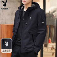 花花公子（PLAYBOY）外套男夾克男裝春秋季男士休閑工裝連帽潮流上衣服 黑色- XL