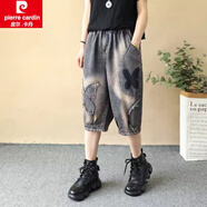 皮爾卡丹（pierre cardin）夏季復(fù)古四葉花蝴蝶牛仔六分褲女百搭顯瘦寬松五分中褲薄馬褲女裝 復(fù)古色四葉花蝴蝶 L 110-125斤