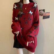 予瑾亮閃閃紅色毛衣女冬新款大碼胖mm顯瘦馬海毛針織衫中長款洋氣上衣 紅色 M
