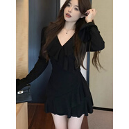 子午乾黑色連衣裙女秋冬季配大衣打底長袖裙子高級感包臀純欲小個子顯瘦 黑色荷葉邊修身短裙 M[建議90-105斤] 均碼
