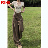 FSHE美式復古杏色高街辣妹夏秋純色闊腿褲子女高腰垂感拖地褲薄款長(cháng)褲 褐色_[優(yōu)質(zhì)款_ ] XL _關(guān)注收藏優(yōu)先發(fā)貨