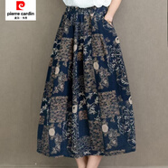皮爾卡丹印花新款棉麻文藝高腰復古中長(cháng)款半身裙顯瘦松緊碎花裙子 蘭方塊 均碼 80-165斤穿】裙長(cháng)80公分
